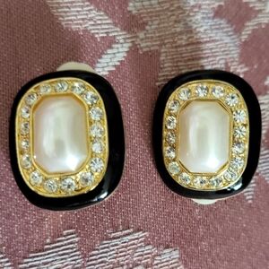 Pearl, Rhinestone, Black Clip Earrings